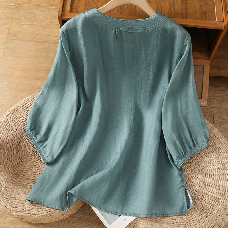 Buddha Stones Casual Embroidery Frog-Button Cotton Polyester Half Sleeve Women's Stand Collar Shirt - image 8