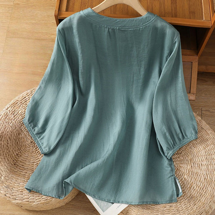 Buddha Stones Casual Embroidery Frog-Button Cotton Polyester Half Sleeve Women's Stand Collar Shirt - image 8
