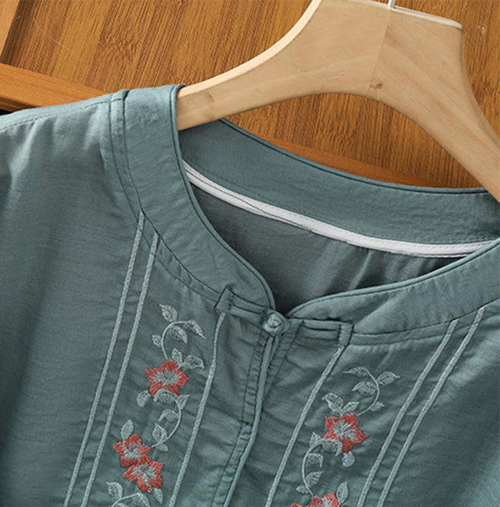 Buddha Stones Casual Embroidery Frog-Button Cotton Polyester Half Sleeve Women's Stand Collar Shirt - image 12