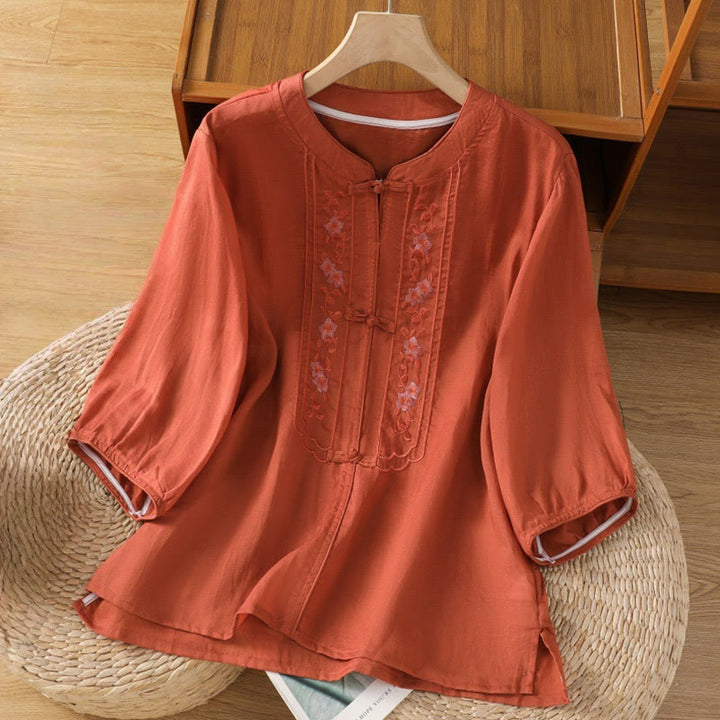 Buddha Stones Casual Embroidery Frog-Button Cotton Polyester Half Sleeve Women's Stand Collar Shirt - Tomato - US8-10，UK/AU12-14，EU40-42 (2XL) - image 13
