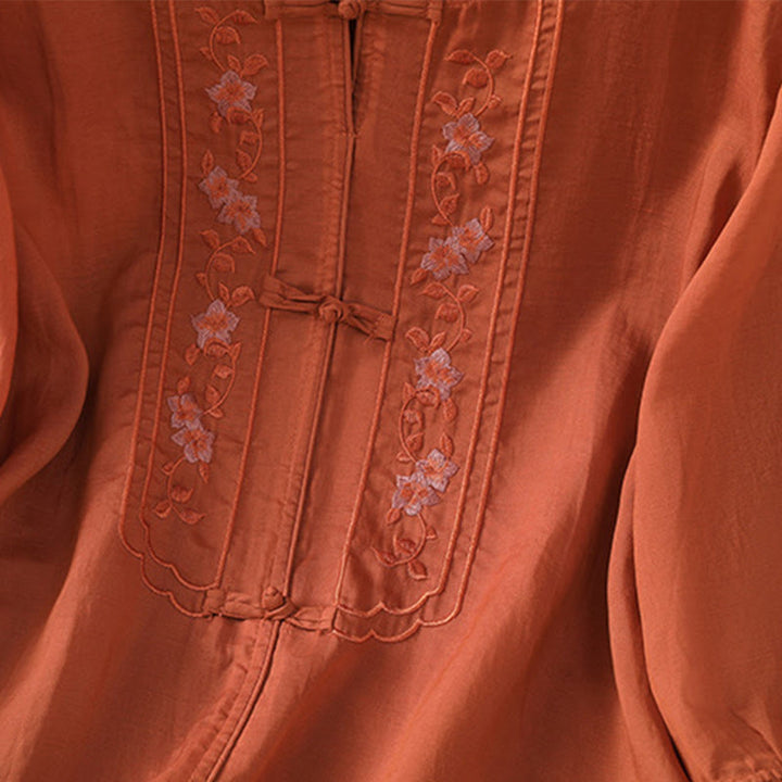 Buddha Stones Casual Embroidery Frog-Button Cotton Polyester Half Sleeve Women's Stand Collar Shirt - image 17