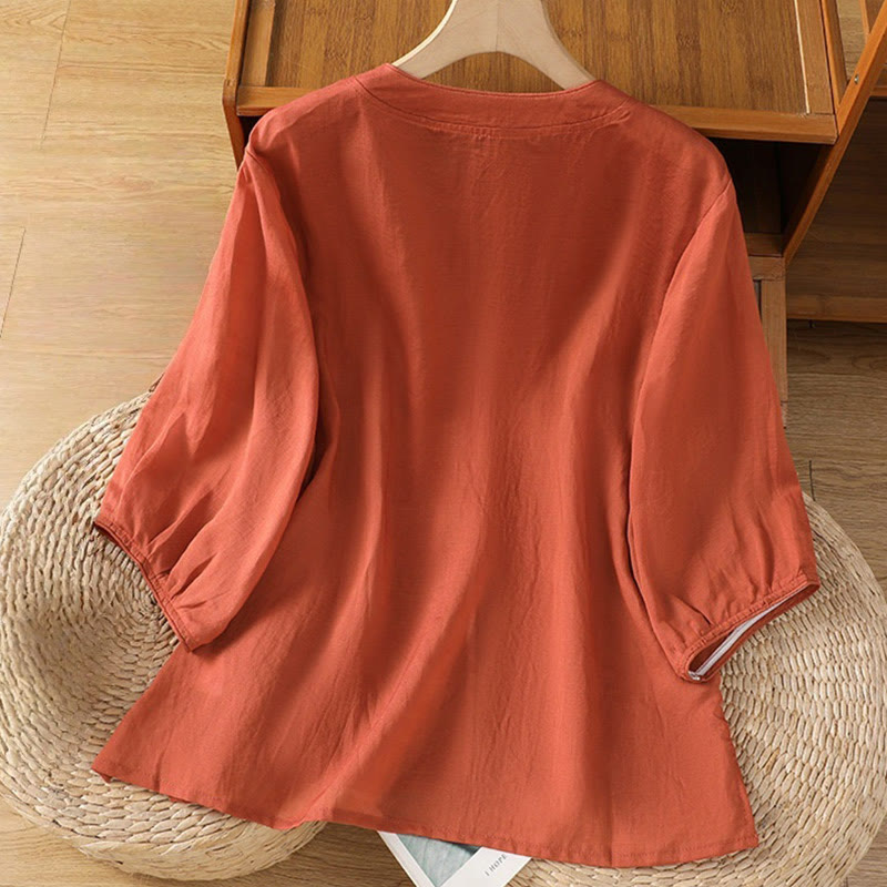 Buddha Stones Casual Embroidery Frog-Button Cotton Polyester Half Sleeve Women's Stand Collar Shirt - image 14
