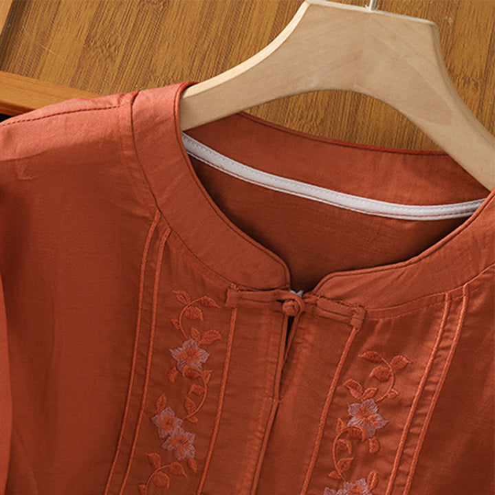 Buddha Stones Casual Embroidery Frog-Button Cotton Polyester Half Sleeve Women's Stand Collar Shirt - image 16