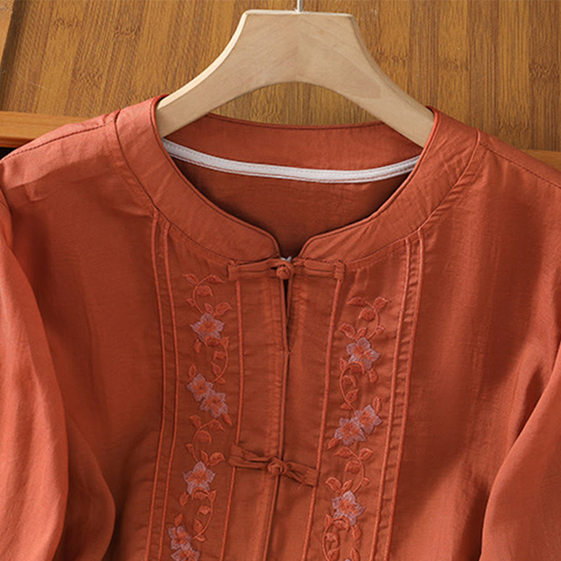 Buddha Stones Casual Embroidery Frog-Button Cotton Polyester Half Sleeve Women's Stand Collar Shirt - image 15