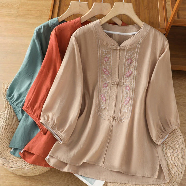 Buddha Stones Casual Embroidery Frog-Button Cotton Polyester Half Sleeve Women's Stand Collar Shirt - image 18