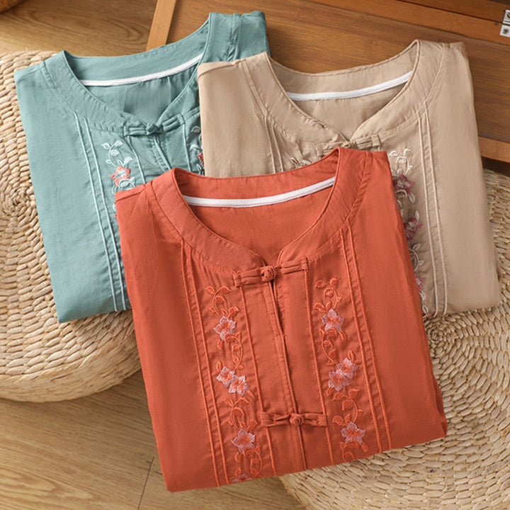 Buddha Stones Casual Embroidery Frog-Button Cotton Polyester Half Sleeve Women's Stand Collar Shirt - image 18