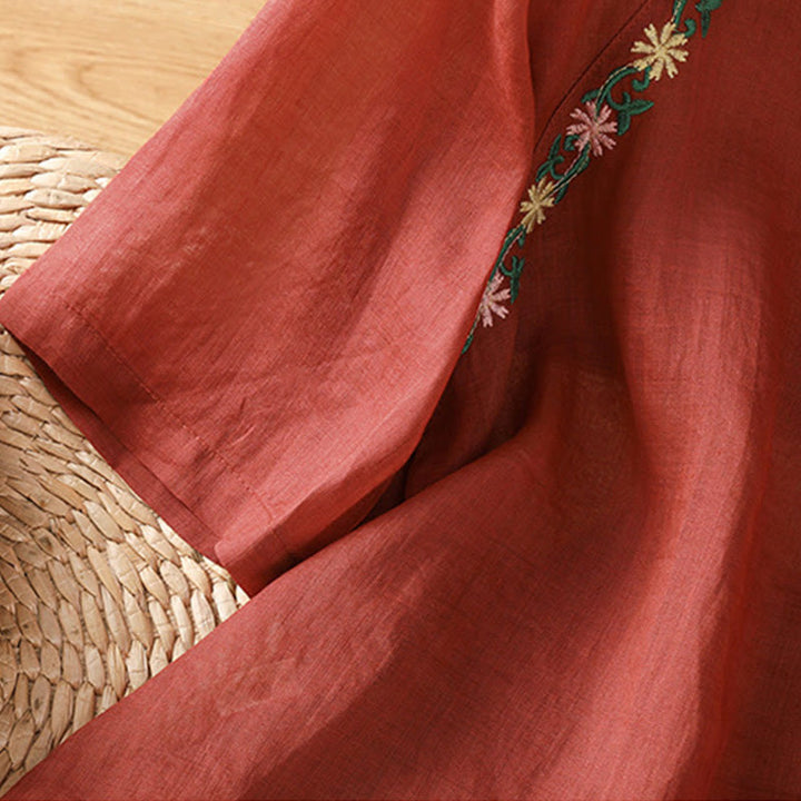 Buddha Stones Casual Embroidery Flowers Cotton Polyester Half Sleeve Women's Crew Neck Shirt - image 5