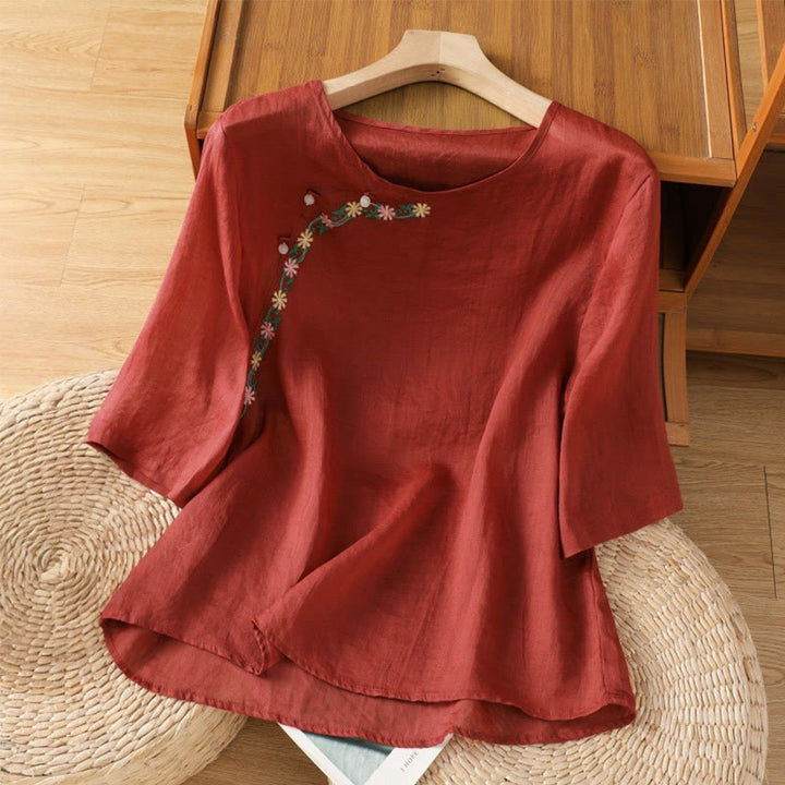 Buddha Stones Casual Embroidery Flowers Cotton Polyester Half Sleeve Women's Crew Neck Shirt - FireBrick - US14，UK/AU18，EU46 (2XL) - image 0