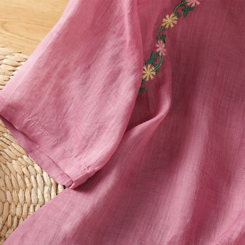 Buddha Stones Casual Embroidery Flowers Cotton Polyester Half Sleeve Women's Crew Neck Shirt - image 12