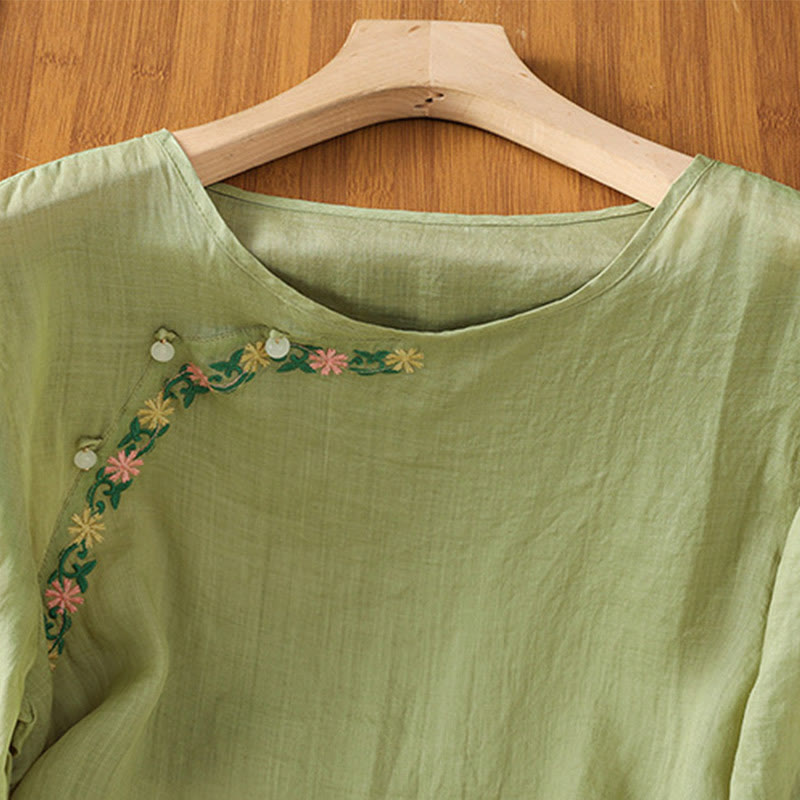 Buddha Stones Casual Embroidery Flowers Cotton Polyester Half Sleeve Women's Crew Neck Shirt - image 21