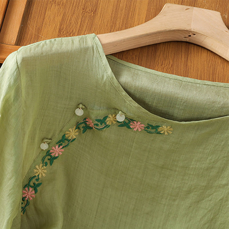 Buddha Stones Casual Embroidery Flowers Cotton Polyester Half Sleeve Women's Crew Neck Shirt - image 20