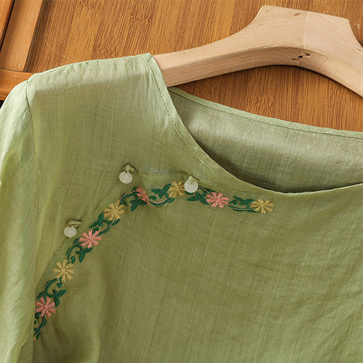 Buddha Stones Casual Embroidery Flowers Cotton Polyester Half Sleeve Women's Crew Neck Shirt - image 20