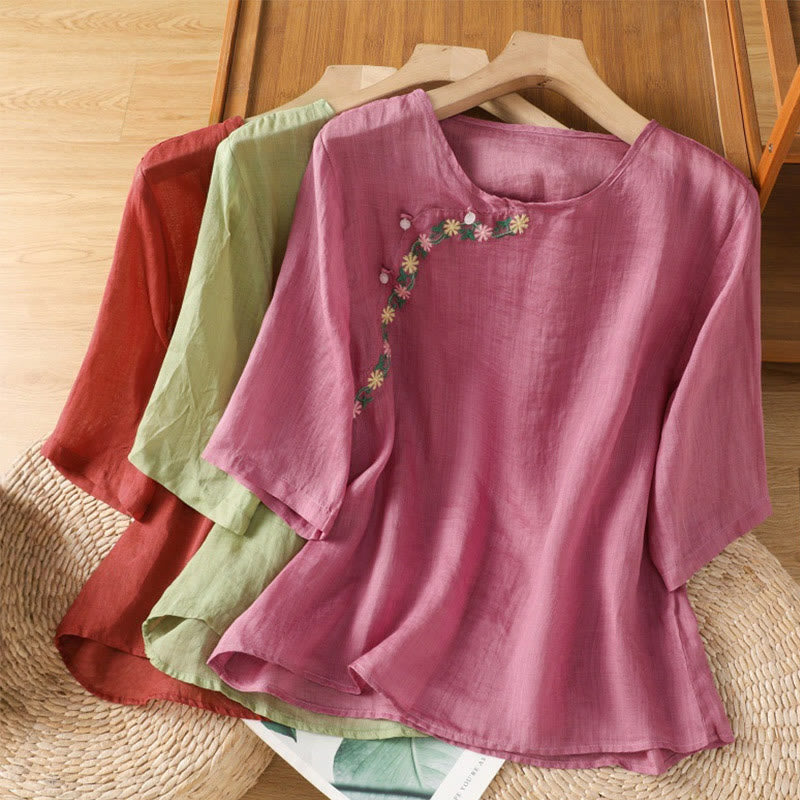 Buddha Stones Casual Embroidery Flowers Cotton Polyester Half Sleeve Women's Crew Neck Shirt - image 22