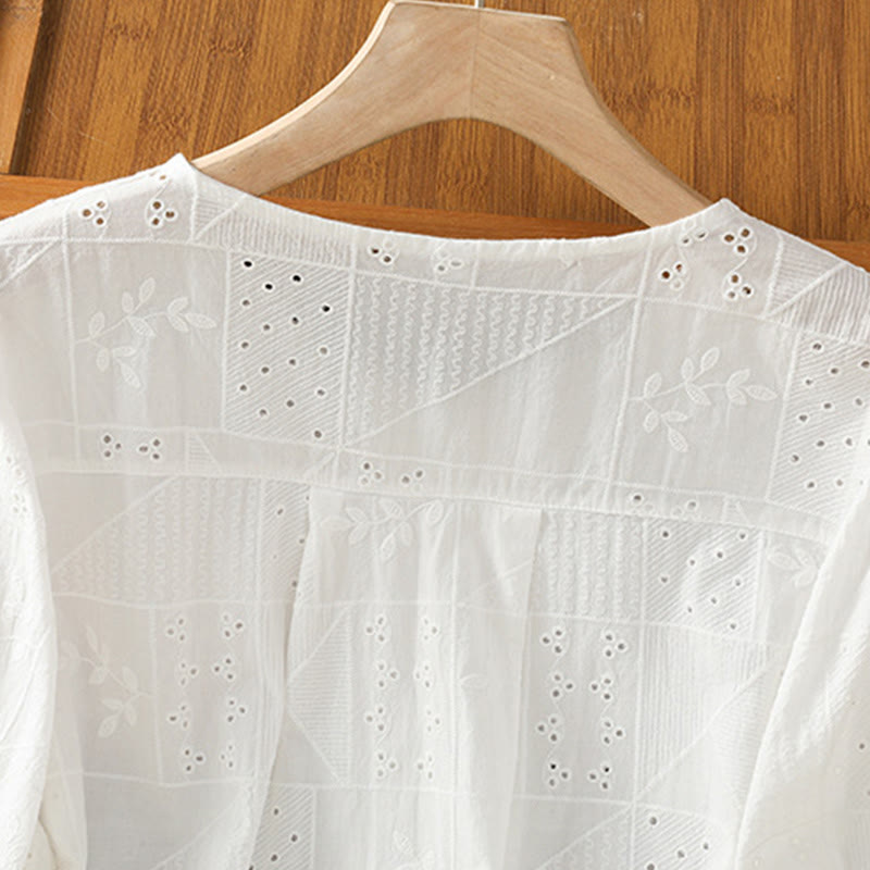 Buddha Stones Casual Embroidery Hollow Cotton Polyester Half Sleeve Women's Crew Neck Shirt - image 2