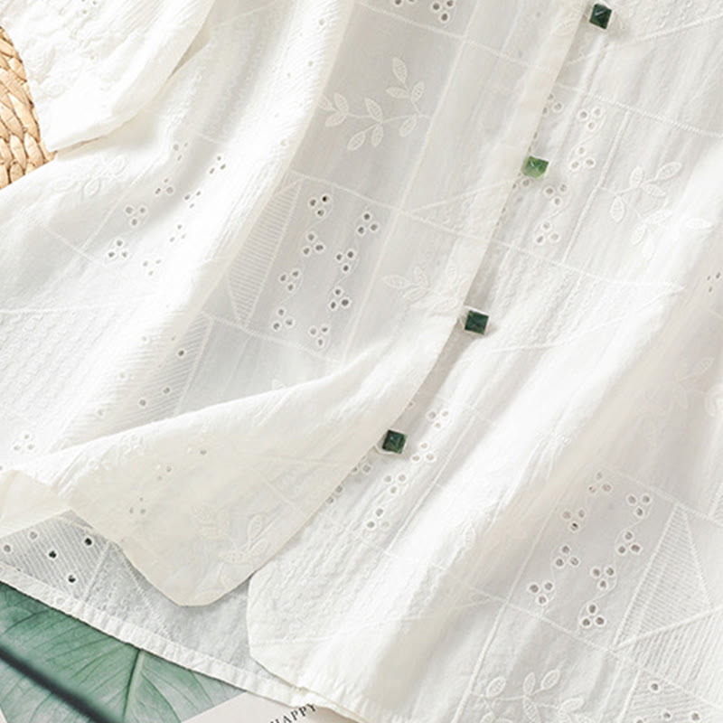 Buddha Stones Casual Embroidery Hollow Cotton Polyester Half Sleeve Women's Crew Neck Shirt - image 5