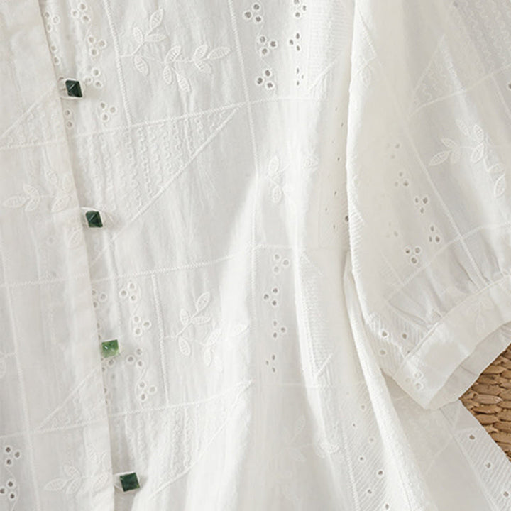 Buddha Stones Casual Embroidery Hollow Cotton Polyester Half Sleeve Women's Crew Neck Shirt - image 4