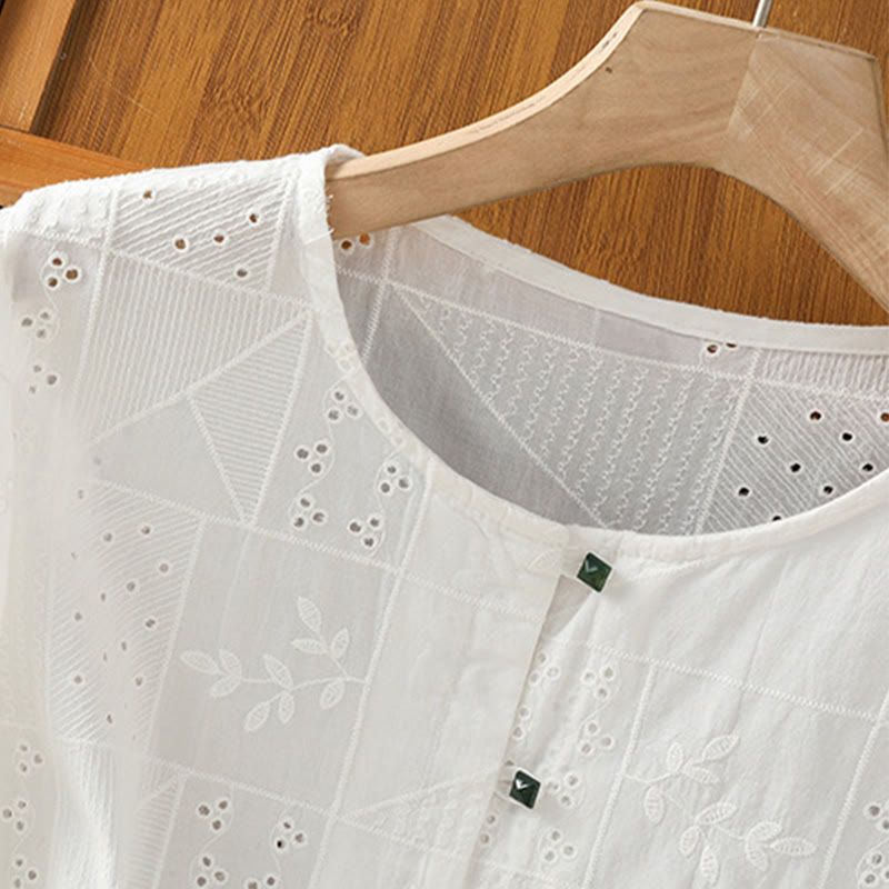 Buddha Stones Casual Embroidery Hollow Cotton Polyester Half Sleeve Women's Crew Neck Shirt - image 4