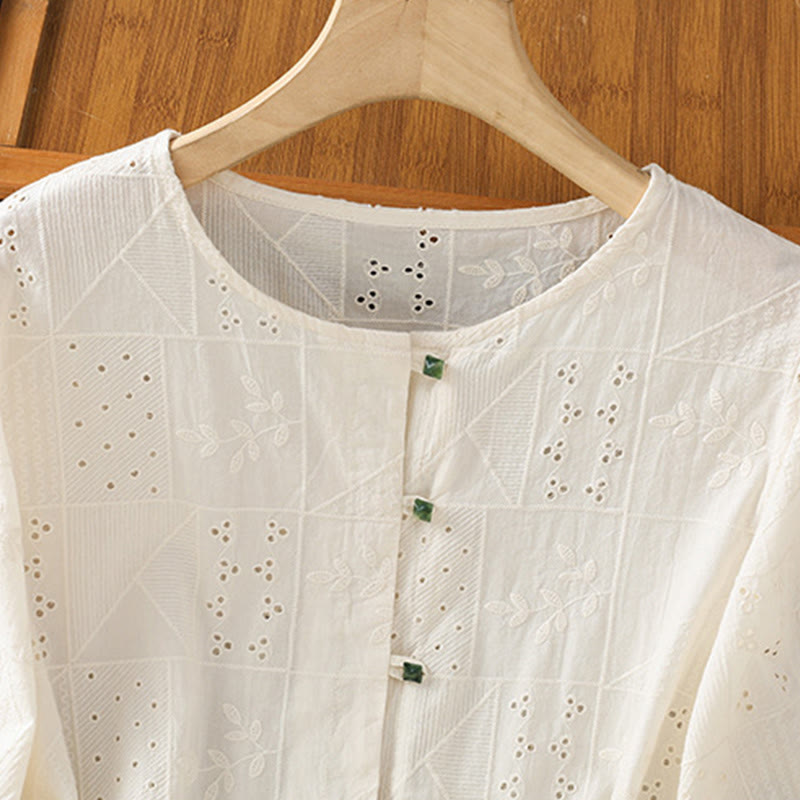 Buddha Stones Casual Embroidery Hollow Cotton Polyester Half Sleeve Women's Crew Neck Shirt - image 8