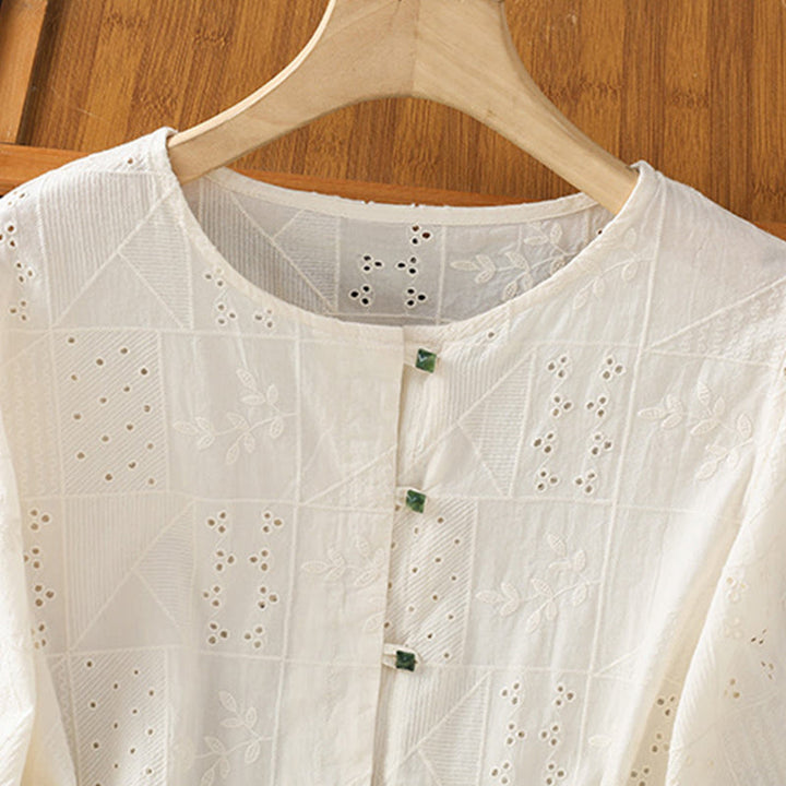 Buddha Stones Casual Embroidery Hollow Cotton Polyester Half Sleeve Women's Crew Neck Shirt - image 8