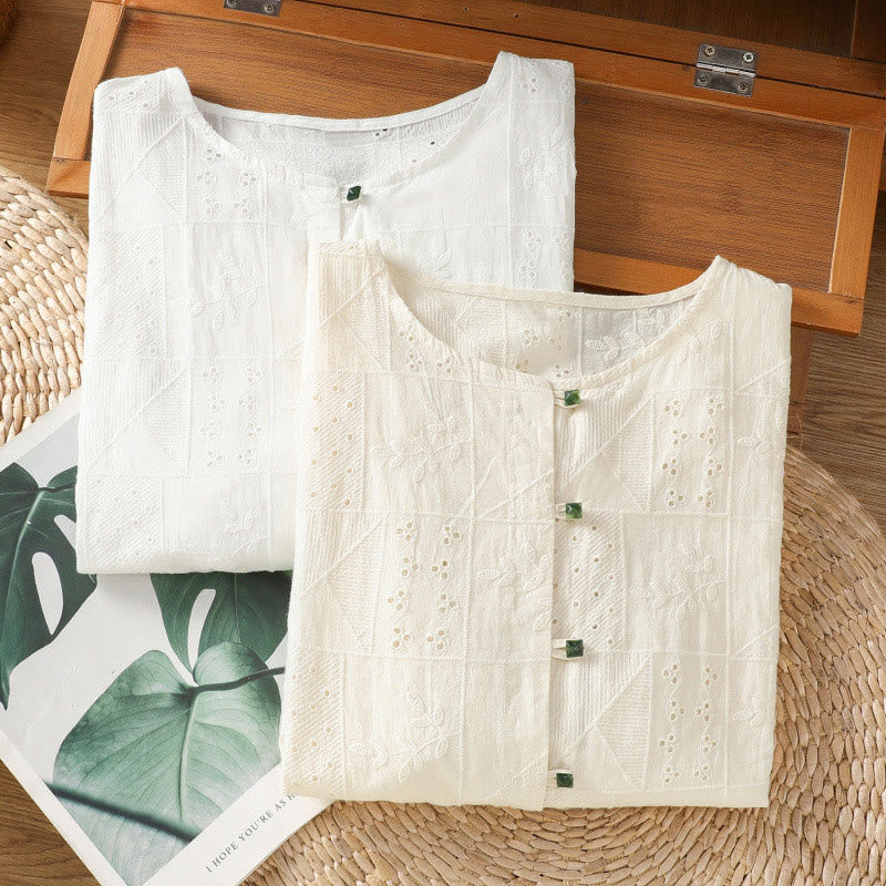 Buddha Stones Casual Embroidery Hollow Cotton Polyester Half Sleeve Women's Crew Neck Shirt - image 17