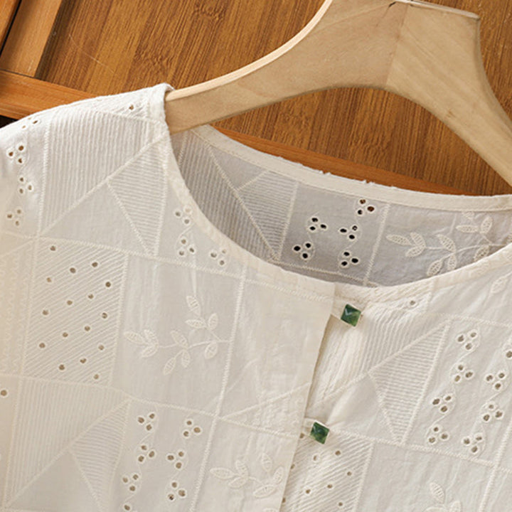 Buddha Stones Casual Embroidery Hollow Cotton Polyester Half Sleeve Women's Crew Neck Shirt - image 13