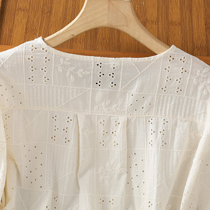 Buddha Stones Casual Embroidery Hollow Cotton Polyester Half Sleeve Women's Crew Neck Shirt - image 8