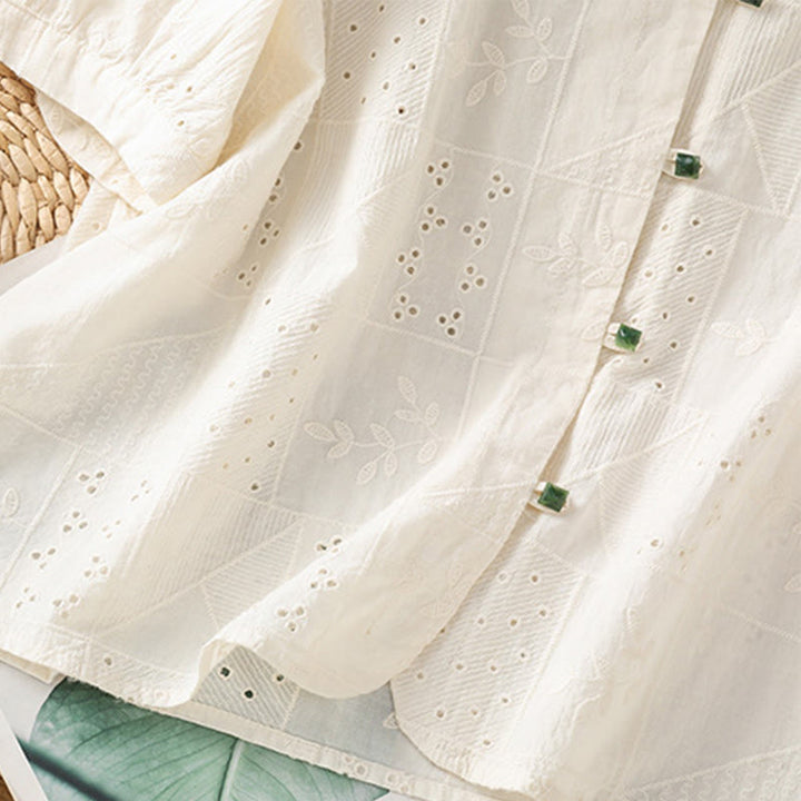 Buddha Stones Casual Embroidery Hollow Cotton Polyester Half Sleeve Women's Crew Neck Shirt - image 12