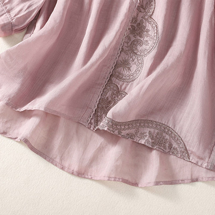 Buddha Stones Casual Embroidered Pattern Women's V-neck Design Half Sleeve Cotton Linen T-shirt - image 2