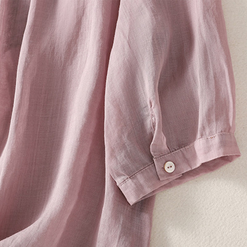 Buddha Stones Casual Embroidered Pattern Women's V-neck Design Half Sleeve Cotton Linen T-shirt - image 3