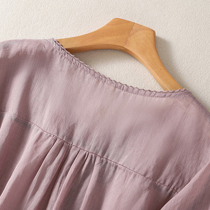 Buddha Stones Casual Embroidered Pattern Women's V-neck Design Half Sleeve Cotton Linen T-shirt - image 4