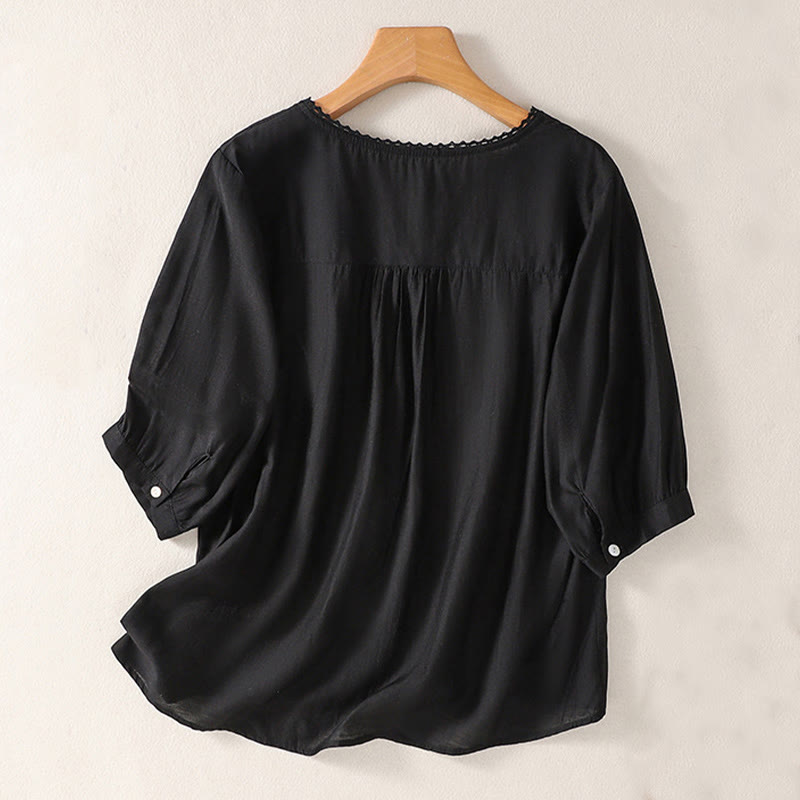 Buddha Stones Casual Embroidered Pattern Women's V-neck Design Half Sleeve T-shirt - Black - US14，UK/AU18，EU46 (2XL) - image 8