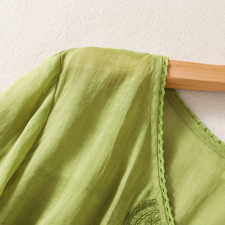 Buddha Stones Casual Embroidered Pattern Women's V-neck Design Half Sleeve Cotton Linen T-shirt - image 15