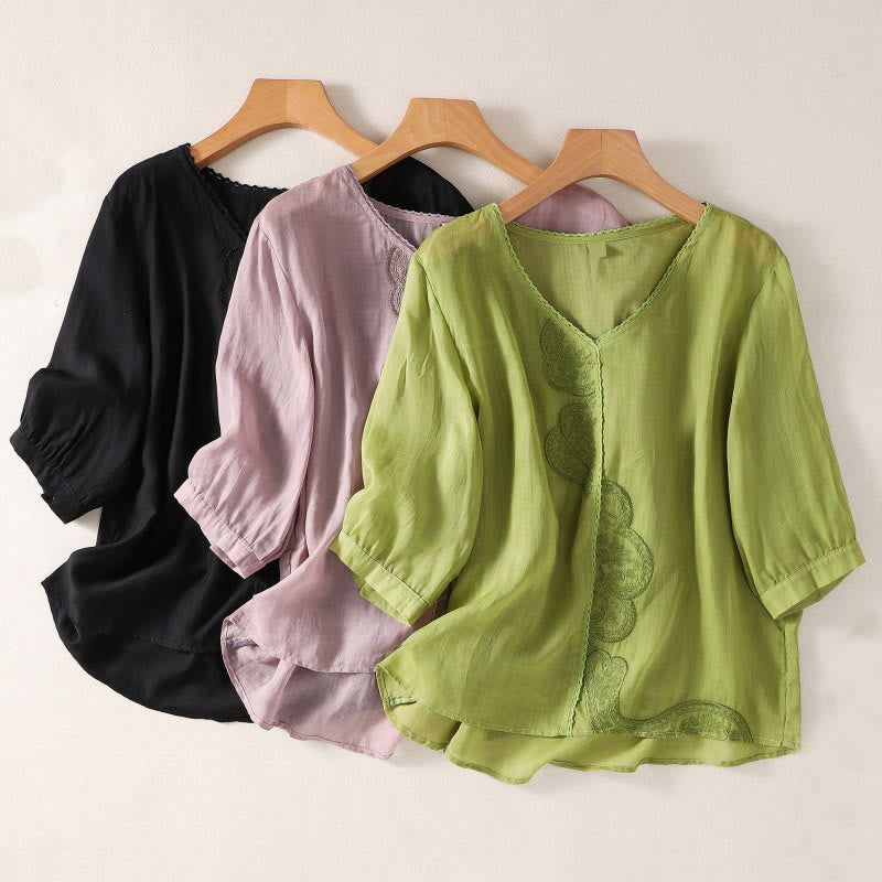 Buddha Stones Casual Embroidered Pattern Women's V-neck Design Half Sleeve Cotton Linen T-shirt - image 23