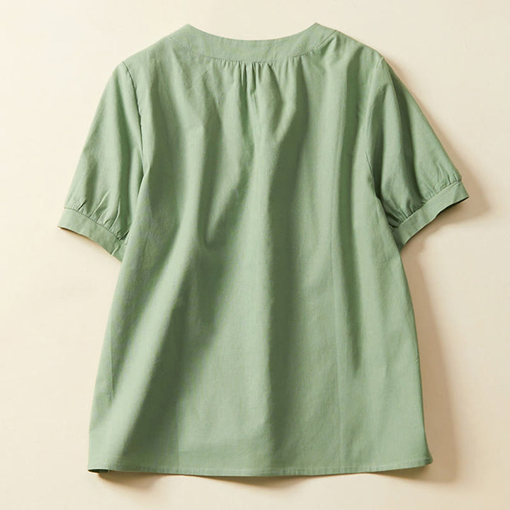 Buddha Stones Casual Plain Button Women's Short Sleeve Cotton Linen T-shirt - image 2