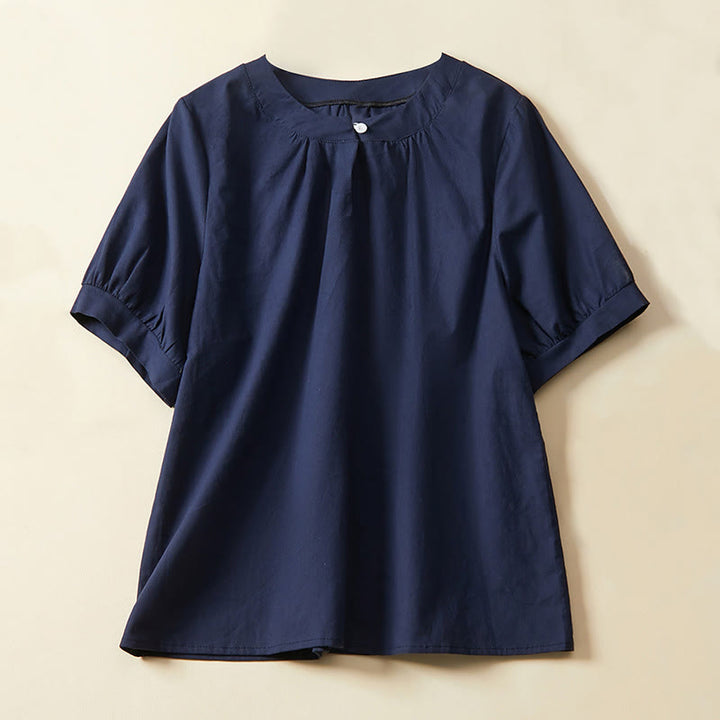 Buddha Stones Casual Plain Button Women's Short Sleeve Cotton Linen T-shirt - Navy - US14，UK/AU18，EU46 (2XL) - image 5