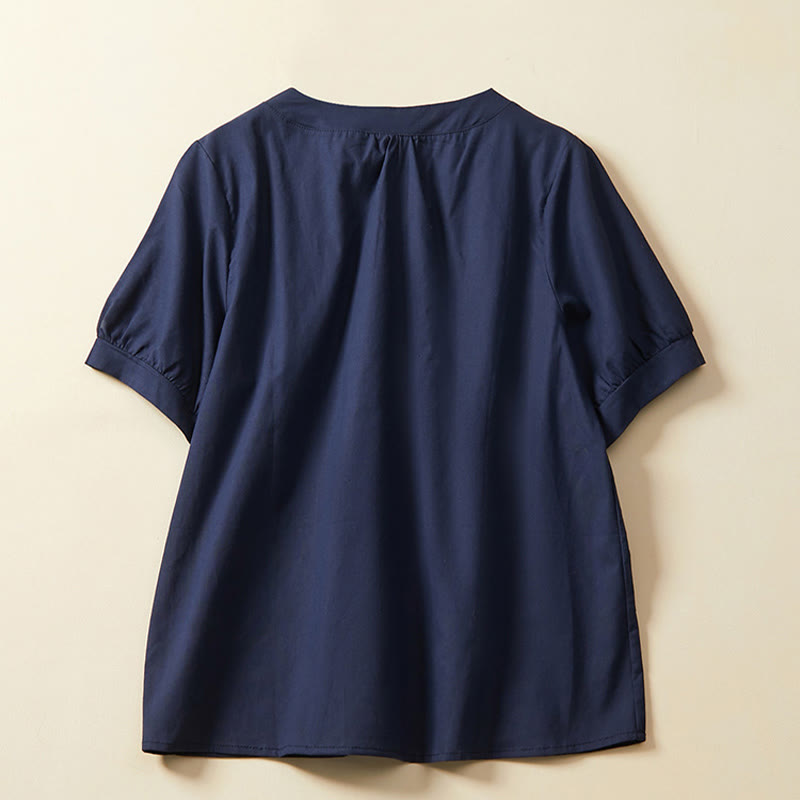 Buddha Stones Casual Plain Button Women's Short Sleeve Cotton Linen T-shirt - image 6