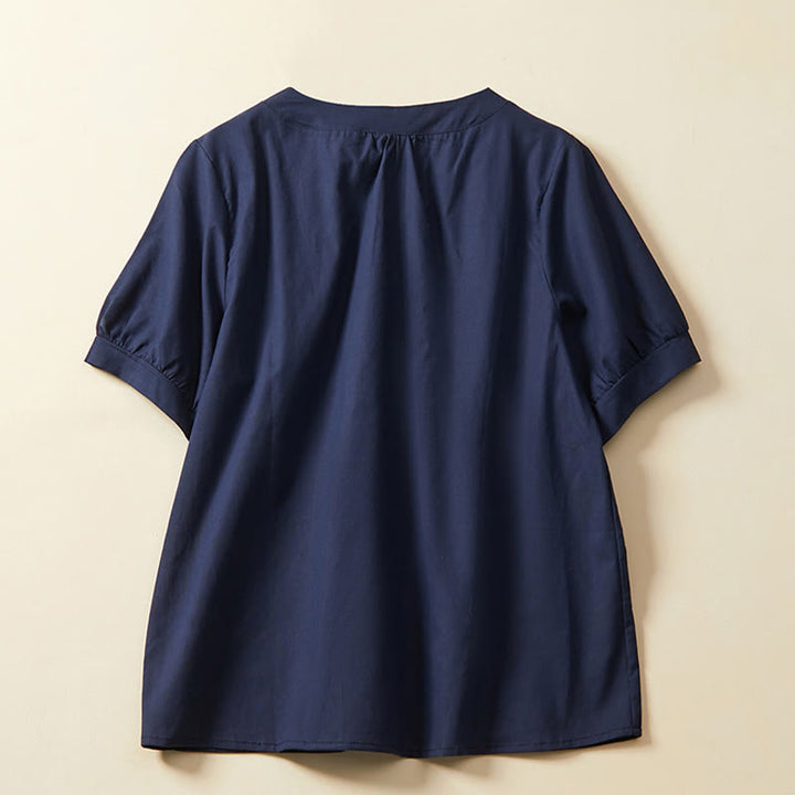 Buddha Stones Casual Plain Button Women's Short Sleeve Cotton Linen T-shirt - image 6