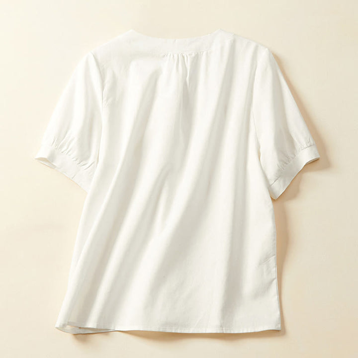 Buddha Stones Casual Plain Button Women's Short Sleeve Cotton Linen T-shirt - image 4