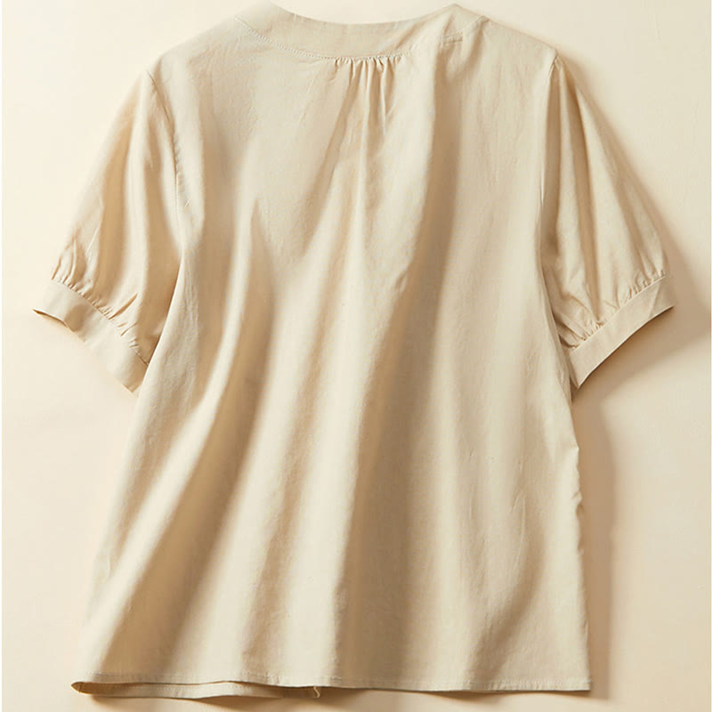 Buddha Stones Casual Plain Button Women's Short Sleeve Cotton Linen T-shirt - image 7