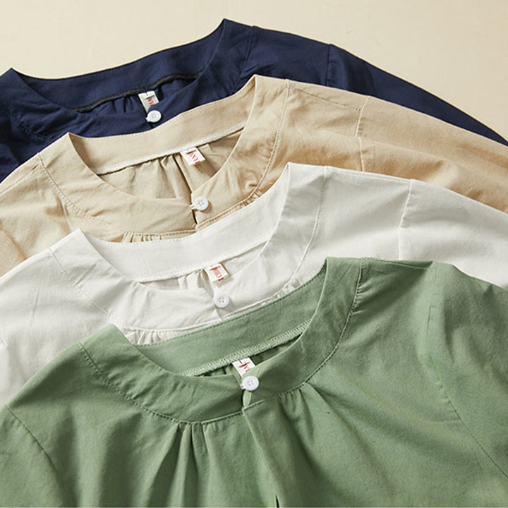 Buddha Stones Casual Plain Button Women's Short Sleeve Cotton Linen T-shirt - image 15