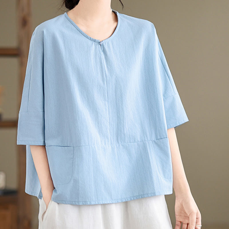 Buddha Stones Casual Plain Women's Half Sleeve Cotton Polyester T-shirt With Pockets - image 6