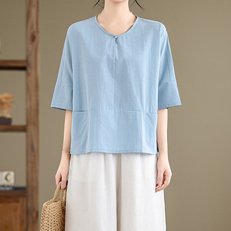 Buddha Stones Casual Plain Women's Half Sleeve Cotton Polyester T-shirt With Pockets - image 3