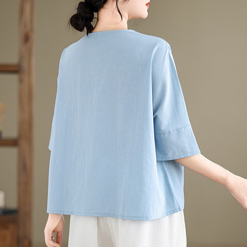 Buddha Stones Casual Plain Women's Half Sleeve Cotton Polyester T-shirt With Pockets - image 5