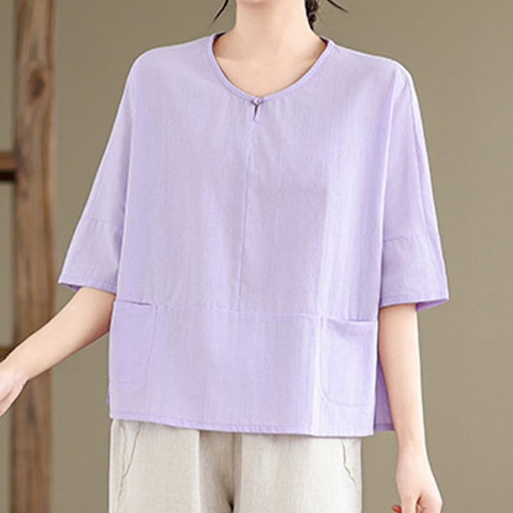 Buddha Stones Casual Plain Women's Half Sleeve Cotton Polyester T-shirt With Pockets - image 8