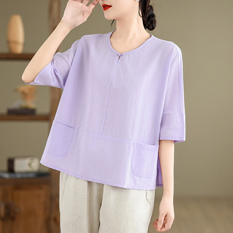 Buddha Stones Casual Plain Women's Half Sleeve Cotton Polyester T-shirt With Pockets - image 9