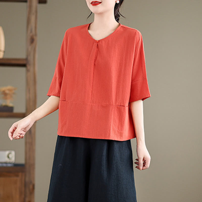Buddha Stones Casual Plain Women's Half Sleeve Cotton Polyester T-shirt With Pockets - image 14