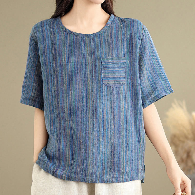 Buddha Stones Casual Retro Striped Women's Half Sleeve Cotton Linen T-shirt - image 9