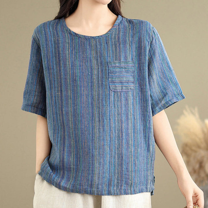 Buddha Stones Casual Retro Striped Women's Half Sleeve Cotton Linen T-shirt - image 9