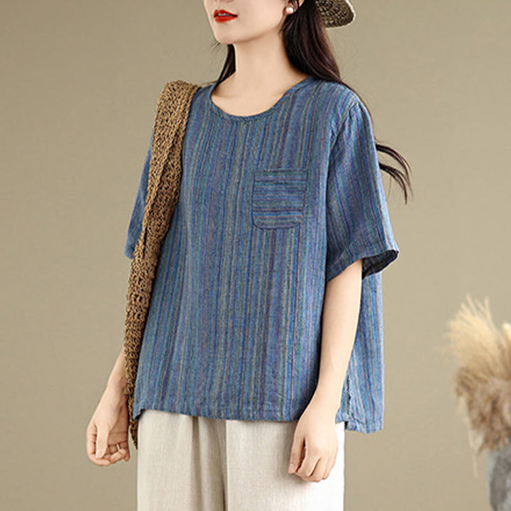 Buddha Stones Casual Retro Striped Women's Half Sleeve Cotton Linen T-shirt - image 4