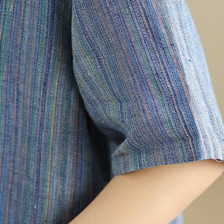 Buddha Stones Casual Retro Striped Women's Half Sleeve Cotton Linen T-shirt - image 7